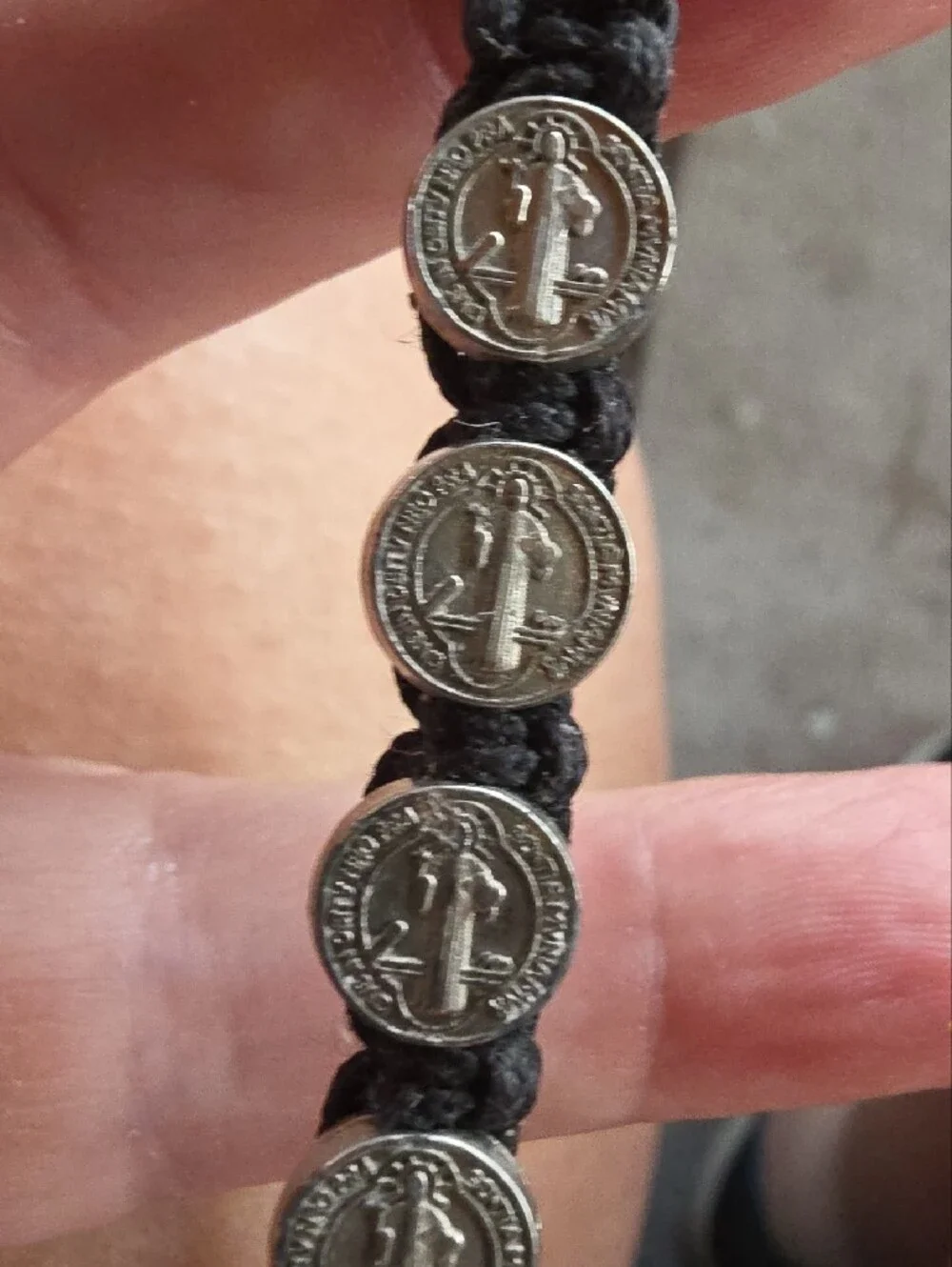Unisex Black Cord Macrame Bracelet with Silver Saint Benedict Metals  Medallions